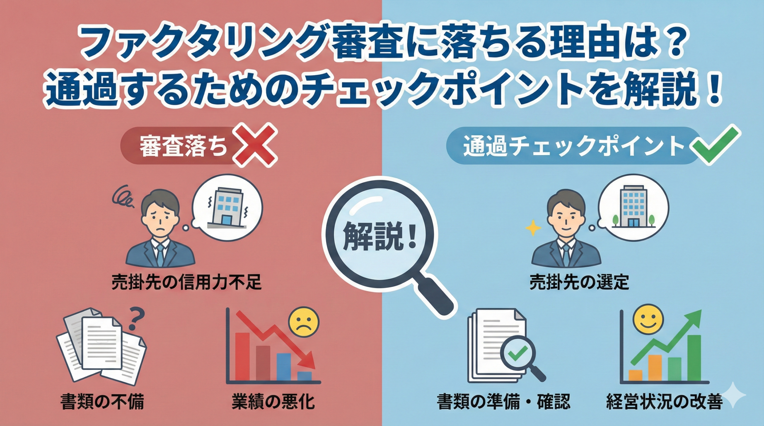 ファクタリング審査に落ちる理由は？通過するためのチェックポイントを解説！